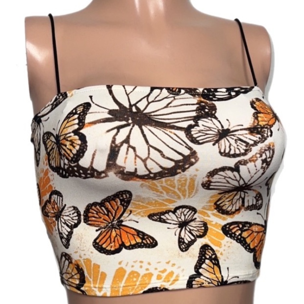 Y2K orange butterfly crop top bungee straps new Fitted Casual Party Tank Raver